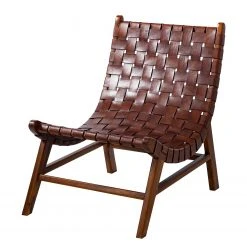 Fauteuil design Bourbourg I en cuir tressé et teck massif - marron cognac