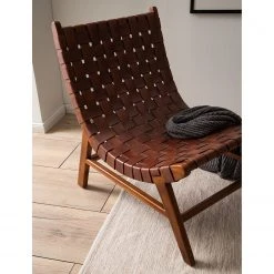 Fauteuil design Bourbourg I en cuir tressé et teck massif - marron cognac -Pas Cher Fauteuils Magasin 1000183949 200529 13275500002 DETAILS P000000001000183949